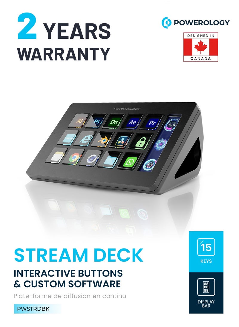 باورولوجي - جهاز Stream Deck مزود بأزرار تفاعلية وبرامج مخصصة/15 رقم لوحة مفاتيح للأجهزة/نظام تشغيل يدعم Windows وMac/إضاءة شاشة 800LUM/نسبة تباين الشاشة 450/شريط عرض - أسود - Image 1