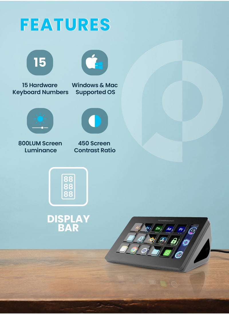 باورولوجي - جهاز Stream Deck مزود بأزرار تفاعلية وبرامج مخصصة/15 رقم لوحة مفاتيح للأجهزة/نظام تشغيل يدعم Windows وMac/إضاءة شاشة 800LUM/نسبة تباين الشاشة 450/شريط عرض - أسود - Image 1