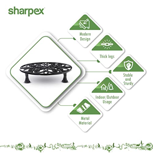 Sharpex Caddy Iron Round Rack Rustproof Sturdy Metal Potted Indoor Outdoor Plant Stand/Trolley Casters with Legs for Garden and Home, Black (2 PC, Design 7) - Image 3