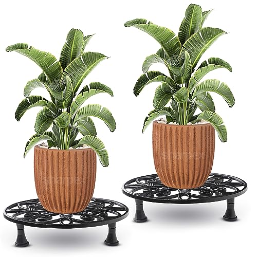 Sharpex Caddy Iron Round Rack Rustproof Sturdy Metal Potted Indoor Outdoor Plant Stand/Trolley Casters with Legs for Garden and Home, Black (2 PC, Design 7) - Image 1