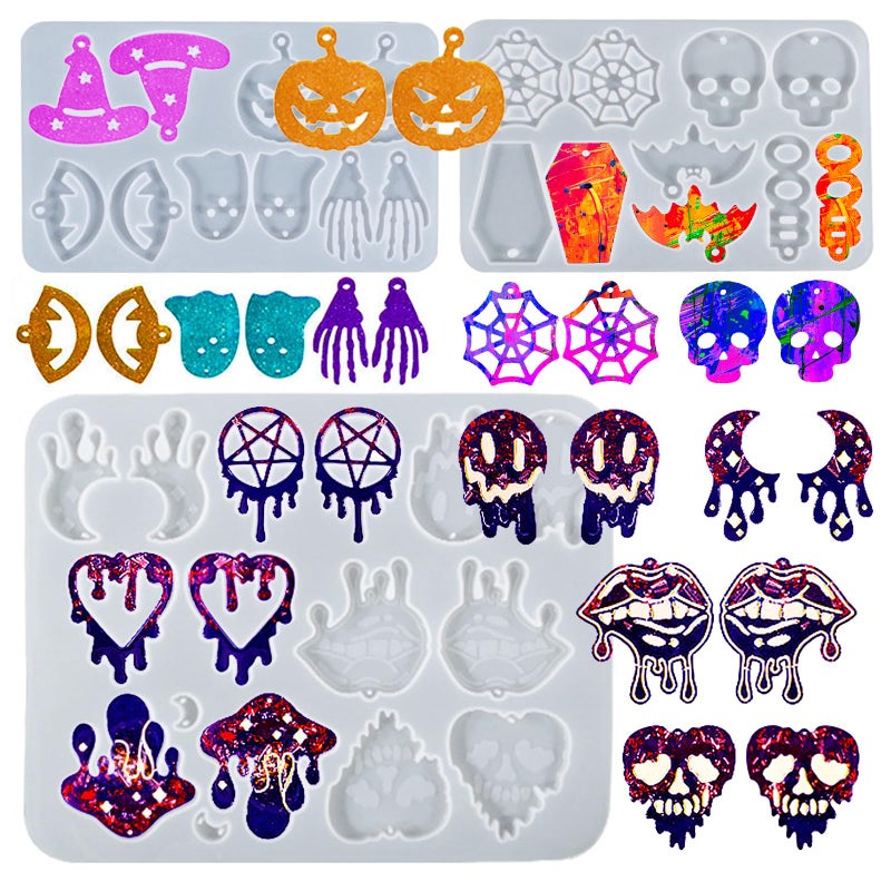 3PCS Halloween Resin Earring Molds Silicone Jewelry Pendant Keychain Mold with Hanging Hole Unique Skull Witch Bat Pumpkin Mold for Epoxy Resin Casting Clay DIY Craft Decor Accessories