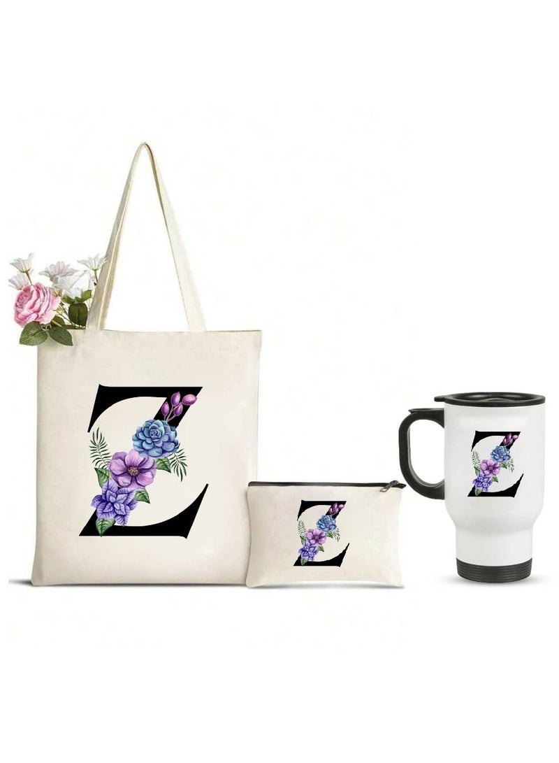 PRINTSHOP4ME Initial Letters Canvas Cotton Tote Bag, Cosmetic Pouch, and Stainless Steel Travel Mug - A Stylish Pack of 3 Combo Set for Girls - Gift for wedding - Gifts for girls - Gift for friends - Image 1