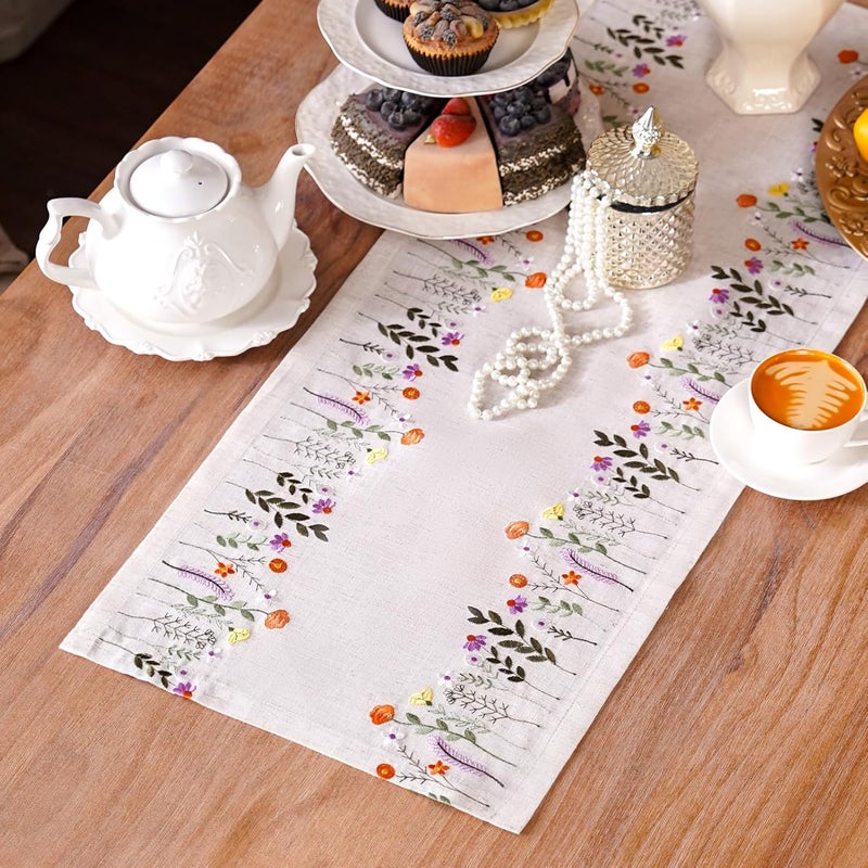 ARTABLE Lace Tablecloth  Linen Color Embroidery Country Farm Elegant Coffee Tablecloth  Kitchen  Dining Table 14 x 28 Inch Colorful Plants - Image 1