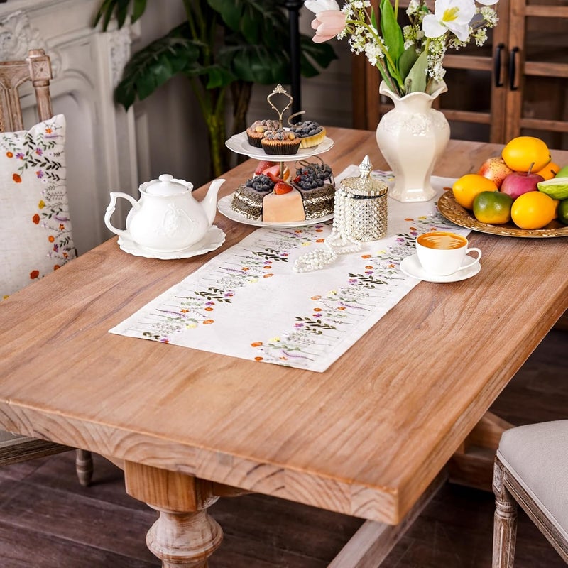 ARTABLE Lace Tablecloth  Linen Color Embroidery Country Farm Elegant Coffee Tablecloth  Kitchen  Dining Table 14 x 28 Inch Colorful Plants - Image 2