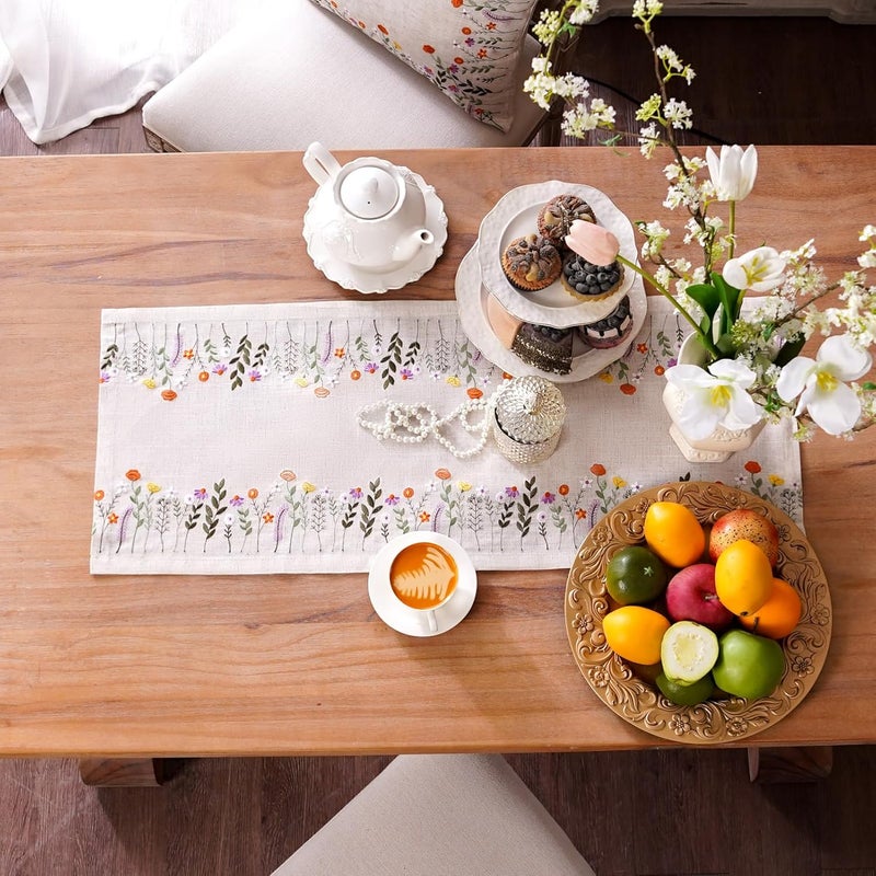 ARTABLE Lace Tablecloth  Linen Color Embroidery Country Farm Elegant Coffee Tablecloth  Kitchen  Dining Table 14 x 28 Inch Colorful Plants - Image 5