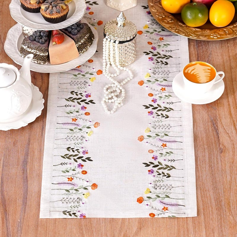 ARTABLE Lace Tablecloth  Linen Color Embroidery Country Farm Elegant Coffee Tablecloth  Kitchen  Dining Table 14 x 28 Inch Colorful Plants - Image 4
