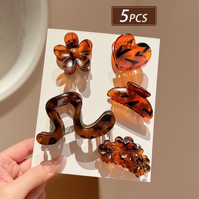 5pcs Multi Color Tortoiseshell Hair Claw Clips Amber Floral Wave Design Non Slip - Image 1