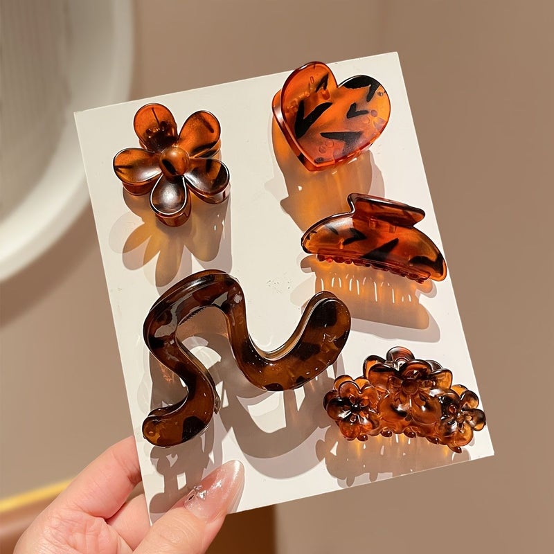 5pcs Multi Color Tortoiseshell Hair Claw Clips Amber Floral Wave Design Non Slip - Image 3