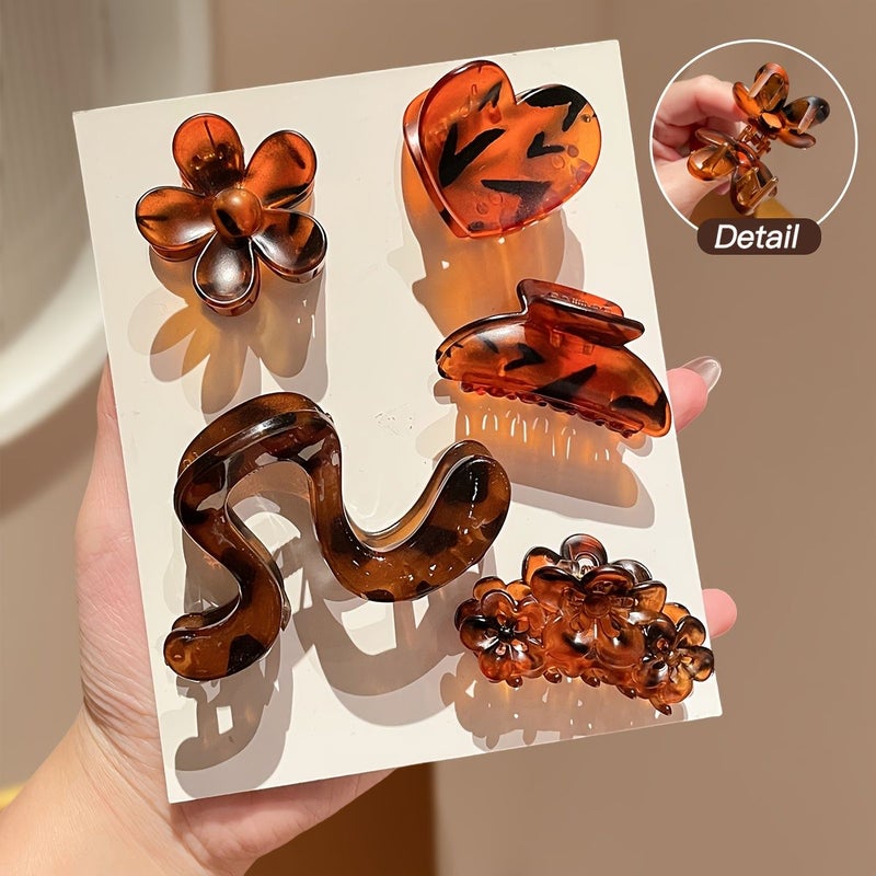 5pcs Multi Color Tortoiseshell Hair Claw Clips Amber Floral Wave Design Non Slip - Image 5
