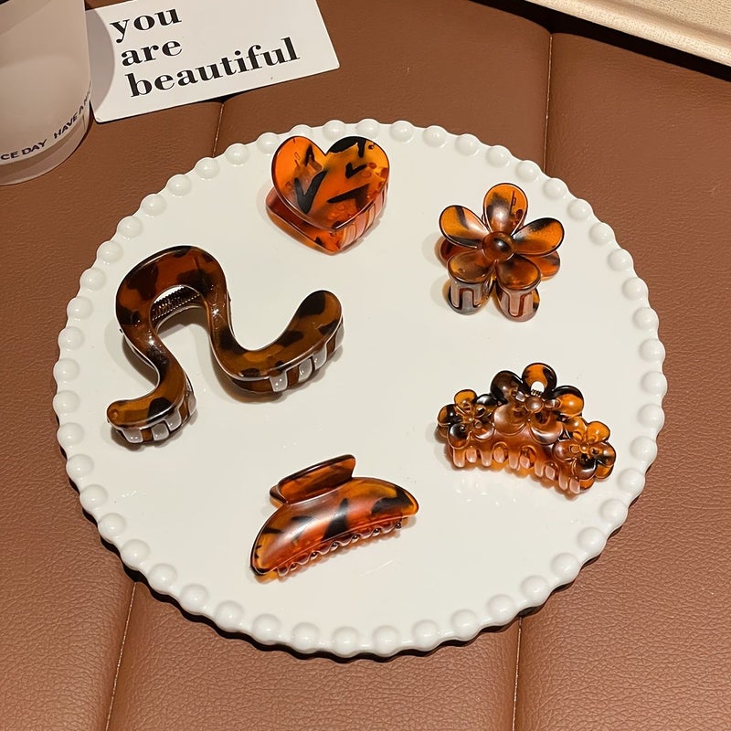 5pcs Multi Color Tortoiseshell Hair Claw Clips Amber Floral Wave Design Non Slip - Image 2