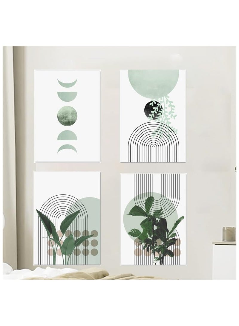NANAO Modern Abstract Wall Art, Set of 4 Canvas Prints, Geometric Line and Botanical Design, Green and Beige, 30 x 40 cm (4) - Image 1