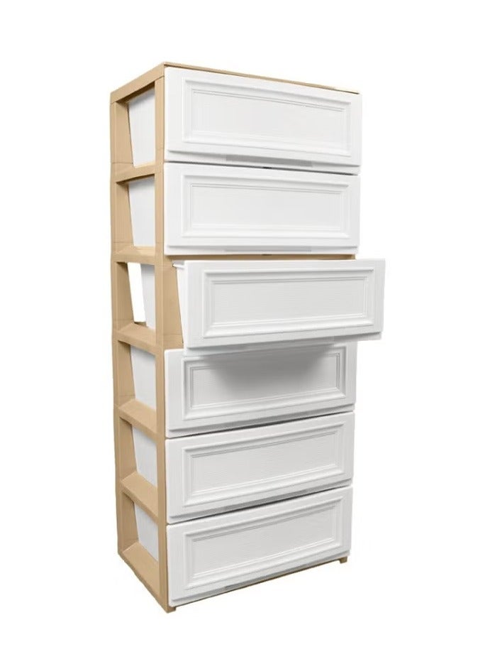 بلاستيكنا وحدة أدراج تخزين بلاستيك تحتوي على بصمة خشبية 6 أدراج، متينة وعملية، تتيح لك تخزين الأغراض المختلفة بكل سهولة، لون بيج/أبيض - Image 2