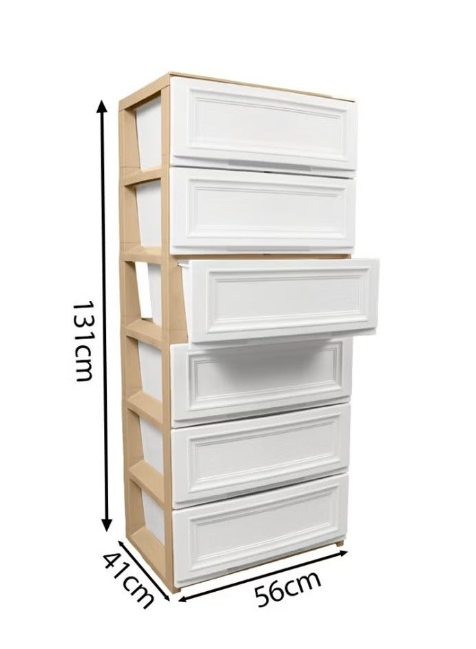 بلاستيكنا وحدة أدراج تخزين بلاستيك تحتوي على بصمة خشبية 6 أدراج، متينة وعملية، تتيح لك تخزين الأغراض المختلفة بكل سهولة، لون بيج/أبيض - Image 3