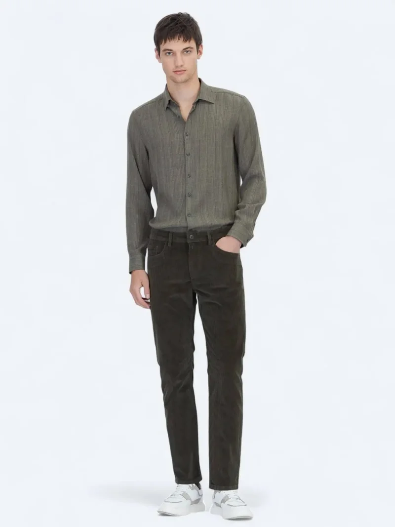 Kip Dark Green Casual Slim Fit Corduroy Trousers