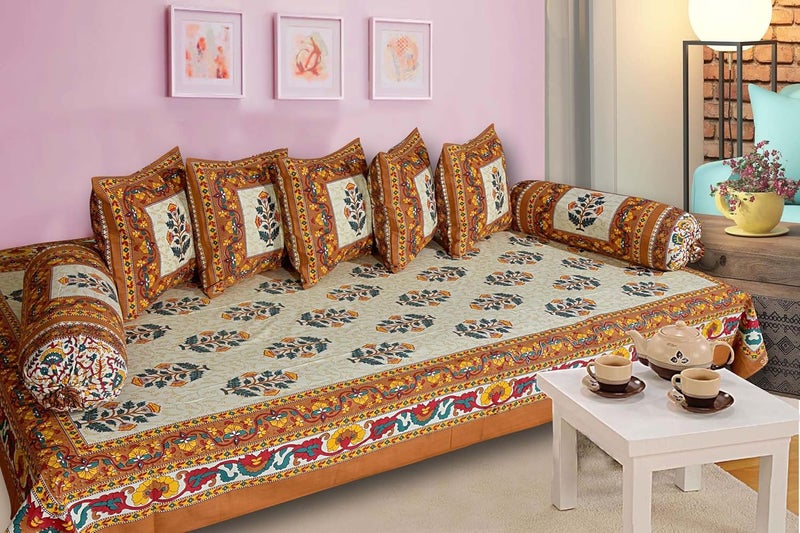 AMLEXTTRIZ Special Floral Pure Soft Cotton Diwan Cover Set 8 Pcs Set 5 Cushion Cover2 Bolster Cover1 Bedsheet Yellow - Image 1