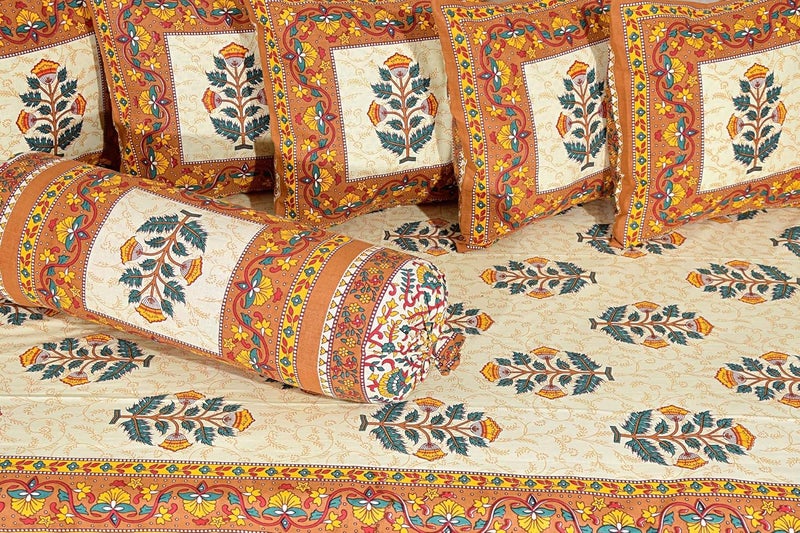 AMLEXTTRIZ Special Floral Pure Soft Cotton Diwan Cover Set 8 Pcs Set 5 Cushion Cover2 Bolster Cover1 Bedsheet Yellow - Image 2