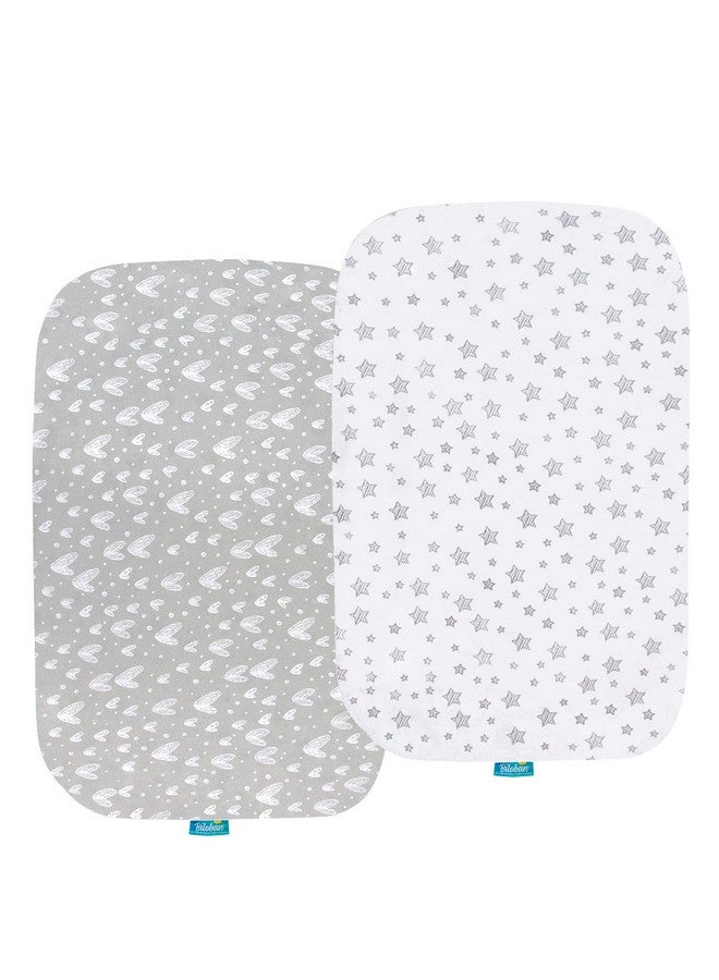 Biloban Bassinet Sheets Compatible with AirClub, GoFirst and MiClassic Bassinet Bedside Sleeper, 2 Pack,100% Jersey Knit Cotton Fitted Sheets, Mild Grey Hearts and White Stars Print - Image 2
