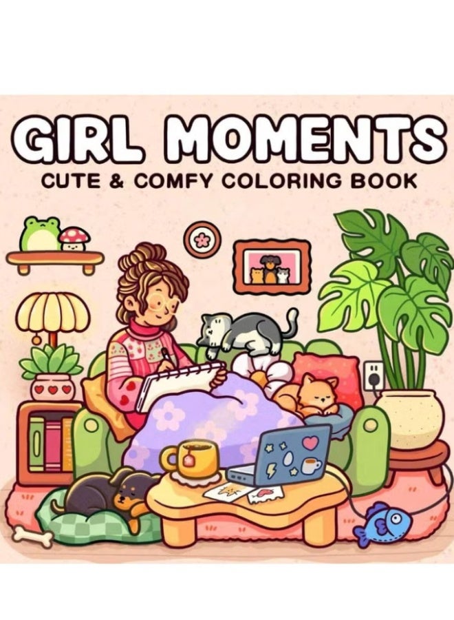 "Girl Moments" Coloring Book for Adults & Teens – Cute & Cozy Daily Relaxation Activity with Whimsical Illustrations of Girls Reading with Pets, Perfect for Stress Relief, Cozy Spaces & Holiday Gifting - Image 1