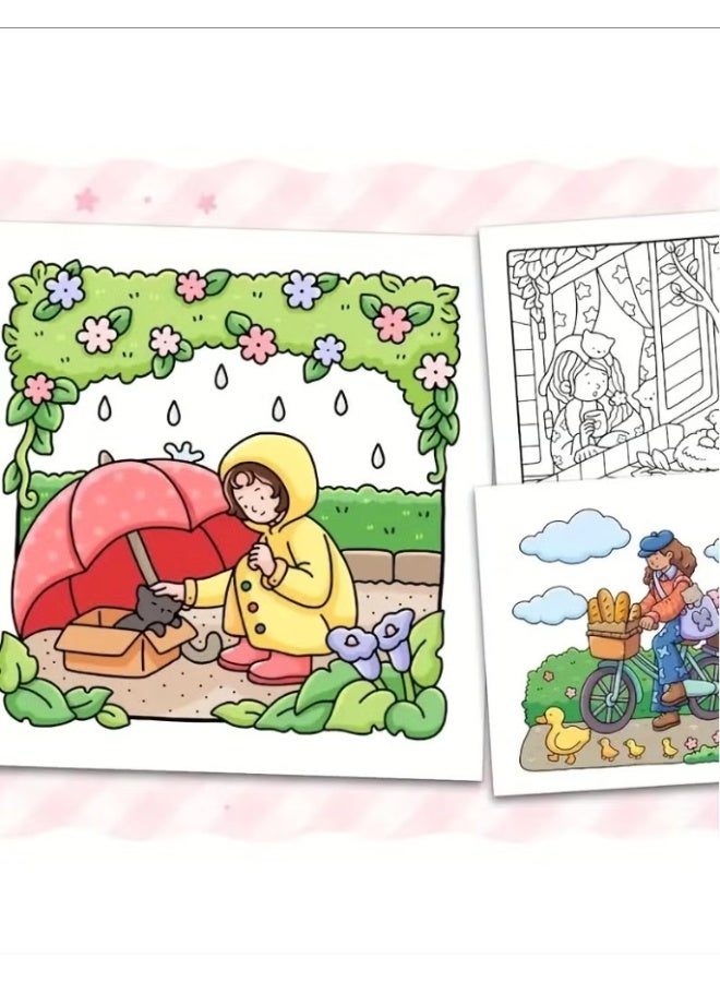 "Girl Moments" Coloring Book for Adults & Teens – Cute & Cozy Daily Relaxation Activity with Whimsical Illustrations of Girls Reading with Pets, Perfect for Stress Relief, Cozy Spaces & Holiday Gifting - Image 2
