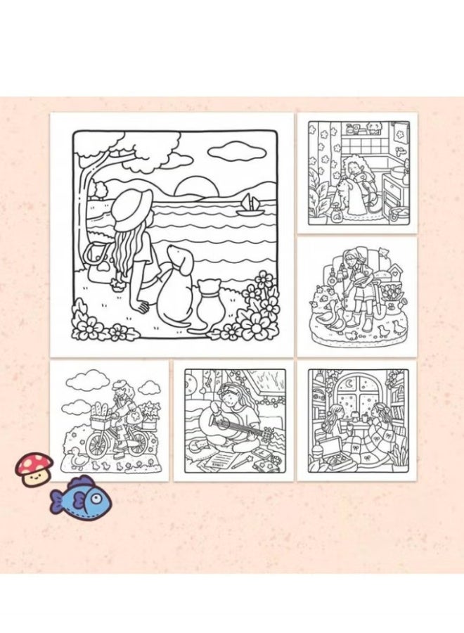 "Girl Moments" Coloring Book for Adults & Teens – Cute & Cozy Daily Relaxation Activity with Whimsical Illustrations of Girls Reading with Pets, Perfect for Stress Relief, Cozy Spaces & Holiday Gifting - Image 4