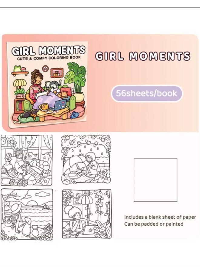 "Girl Moments" Coloring Book for Adults & Teens – Cute & Cozy Daily Relaxation Activity with Whimsical Illustrations of Girls Reading with Pets, Perfect for Stress Relief, Cozy Spaces & Holiday Gifting - Image 5