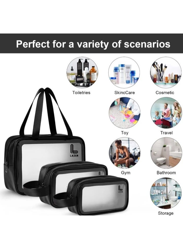 Lazer Premium Makeup Travel Pouch, Cosmetic Bag, Travel kit Pouch for Toiletries, Brushes and Cosmetics - Set of 3 - Washbag Pouch - Black - Image 2