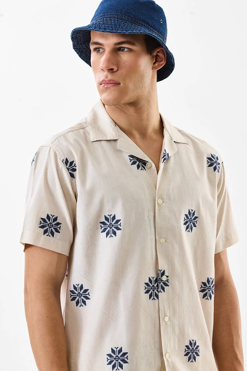 SNITCH Beige Embroidered Half Sleeve Regular Fit Shirt