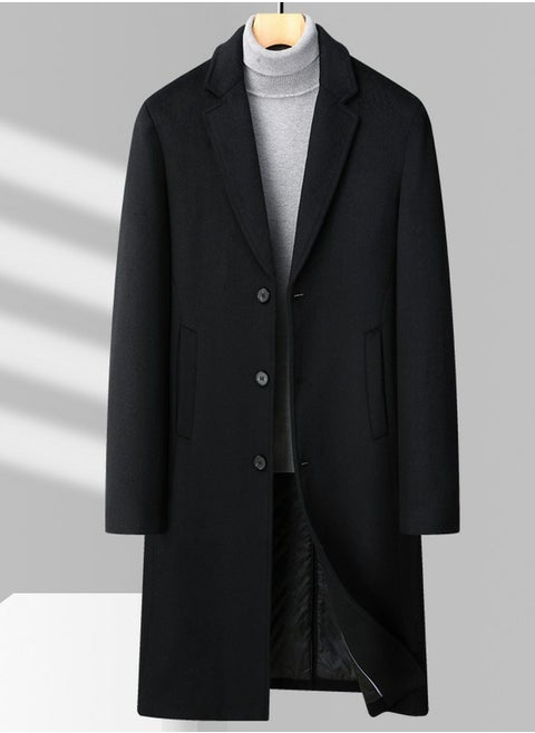 Men's Woolen Casual Trench Coat Suit Collar Long Jacket Overcoat with Pockets Black
