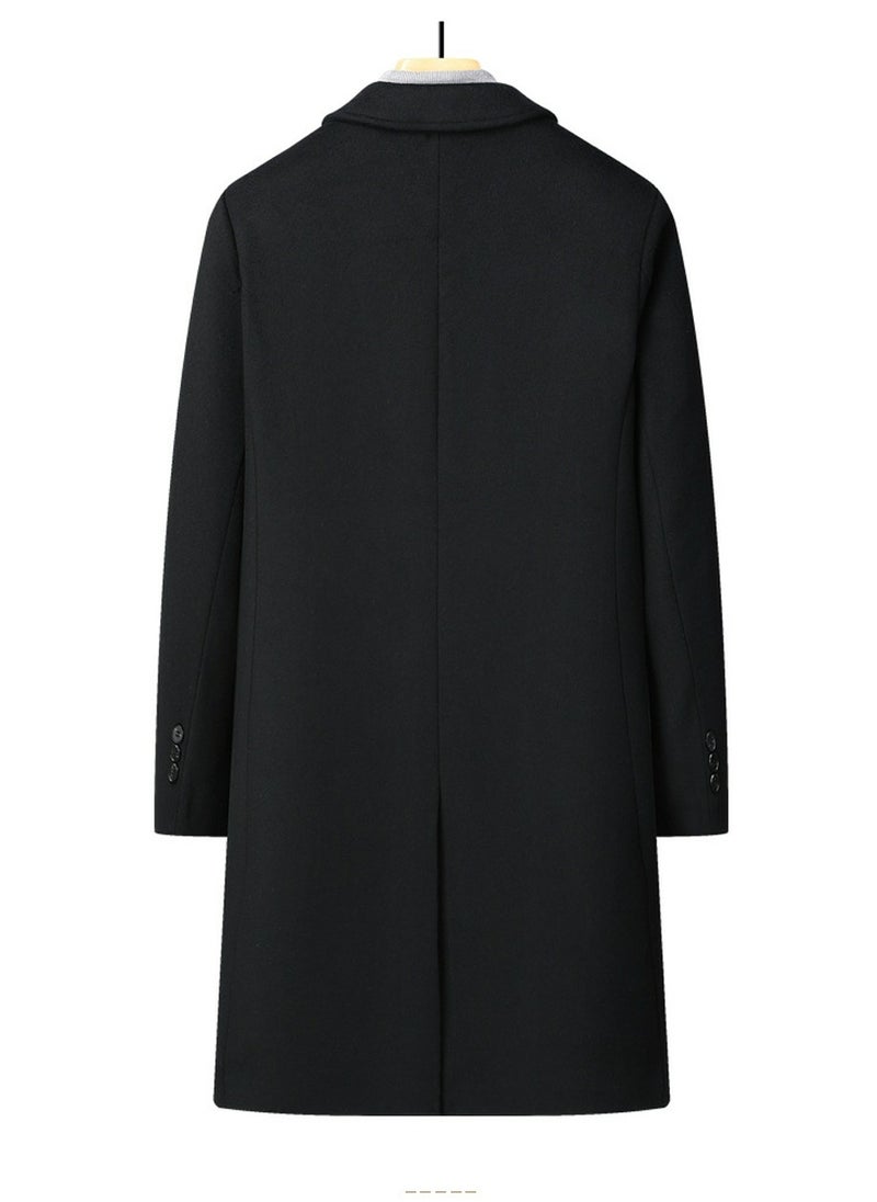 Loquat - Men's Woolen Casual Trench Coat Suit Collar Long Jacket Overcoat with Pockets Black - Image 1