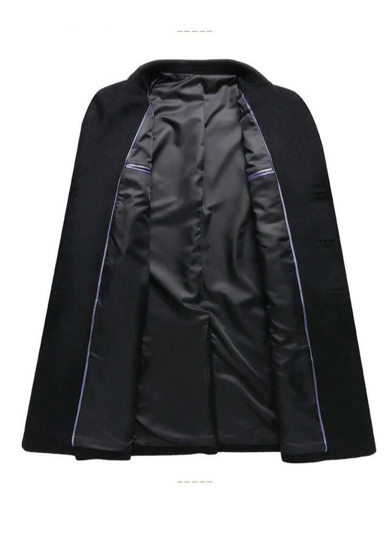 Loquat - Men's Woolen Casual Trench Coat Suit Collar Long Jacket Overcoat with Pockets Black - Image 1