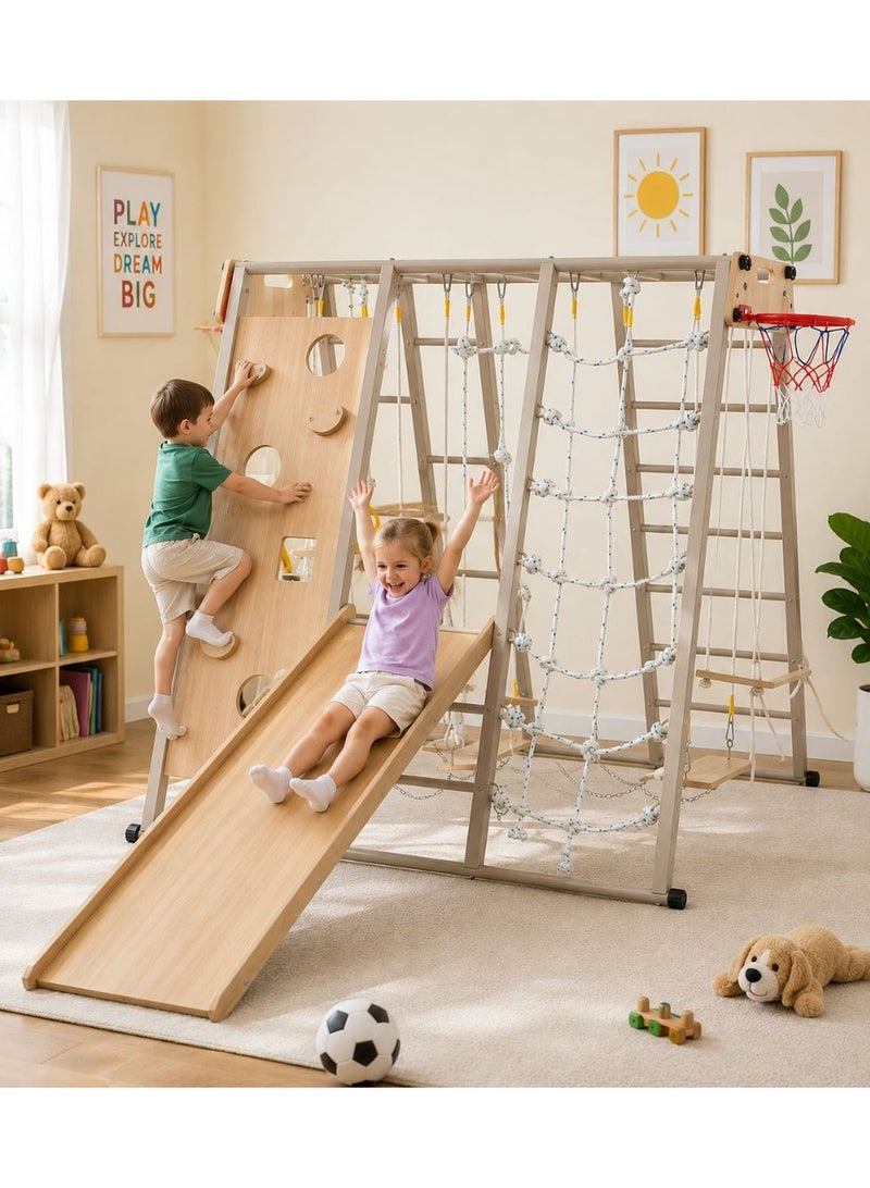 MaBaby 12-in-1 Foldable Wooden Kids Climbing Frame, Montessori Indoor Playground with Slide, Swing, Monkey Bars, Climbing Net & Basketball Hoop, Indoor Outdoor Toddler Play Set for Ages 1-8 - Image 1