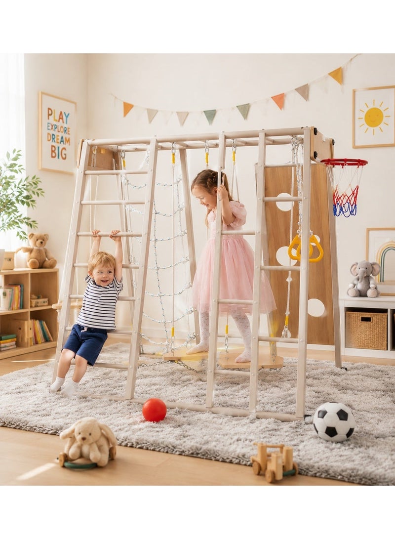 MaBaby 12-in-1 Foldable Wooden Kids Climbing Frame, Montessori Indoor Playground with Slide, Swing, Monkey Bars, Climbing Net & Basketball Hoop, Indoor Outdoor Toddler Play Set for Ages 1-8 - Image 2