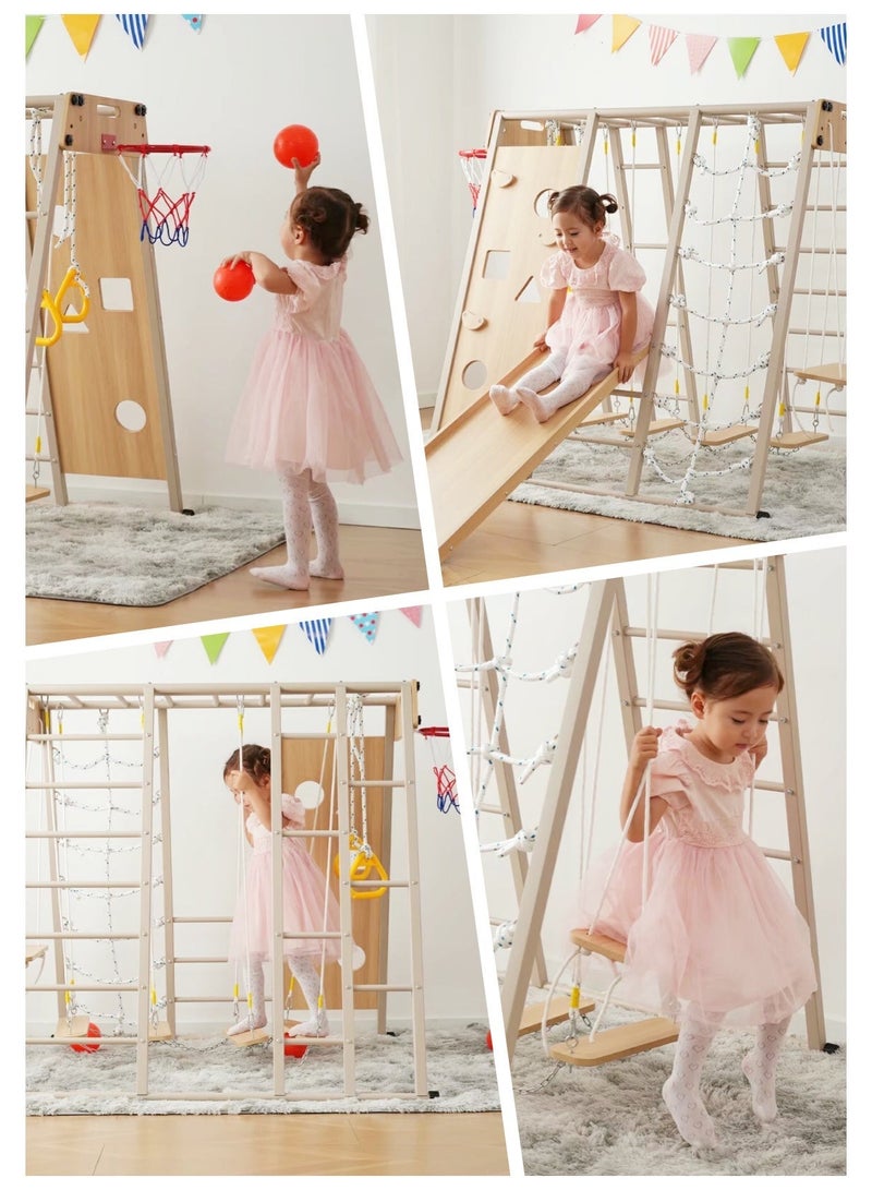 MaBaby 12-in-1 Foldable Wooden Kids Climbing Frame, Montessori Indoor Playground with Slide, Swing, Monkey Bars, Climbing Net & Basketball Hoop, Indoor Outdoor Toddler Play Set for Ages 1-8 - Image 3
