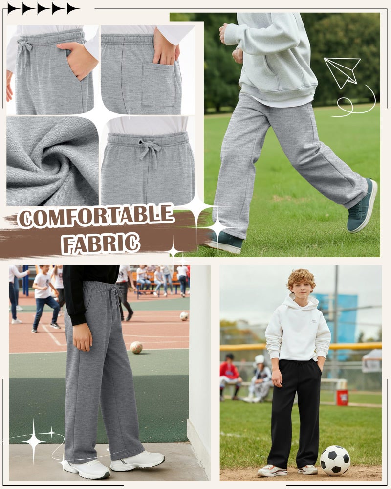 LessonZoo 4 Pack Boys Sweatpants Straight Leg Open Bottom Athletic Joggers Lightweight Elastic Waist Pants with Pockets(Black, Dark Gray, Heather Gray, Light Heather Gray,9-10 Years) - Image 4