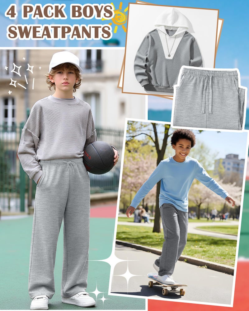 LessonZoo 4 Pack Boys Sweatpants Straight Leg Open Bottom Athletic Joggers Lightweight Elastic Waist Pants with Pockets(Black, Dark Gray, Heather Gray, Light Heather Gray,9-10 Years) - Image 2