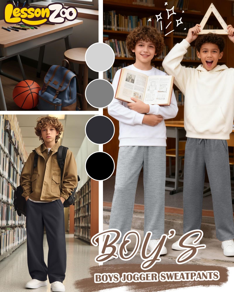 LessonZoo 4 Pack Boys Sweatpants Straight Leg Open Bottom Athletic Joggers Lightweight Elastic Waist Pants with Pockets(Black, Dark Gray, Heather Gray, Light Heather Gray,9-10 Years) - Image 5