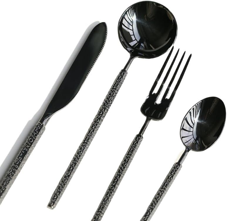 Flatware set, knife fork spoon set, soup spoons,Silverware Set, 4/16/24/32/40/48 Pcs Embossed Design Knife And Fork Retro Cutlery Set 304 Stainless Steel Knife And Fork Spoon Knife And Fork(16 Pieces - Image 1