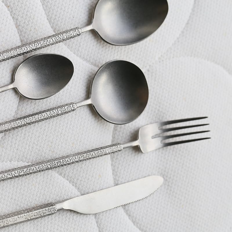 Flatware set, knife fork spoon set, soup spoons,Silverware Set, 4/16/24/32/40/48 Pcs Embossed Design Knife And Fork Retro Cutlery Set 304 Stainless Steel Knife And Fork Spoon Knife And Fork(16 Pieces - Image 3