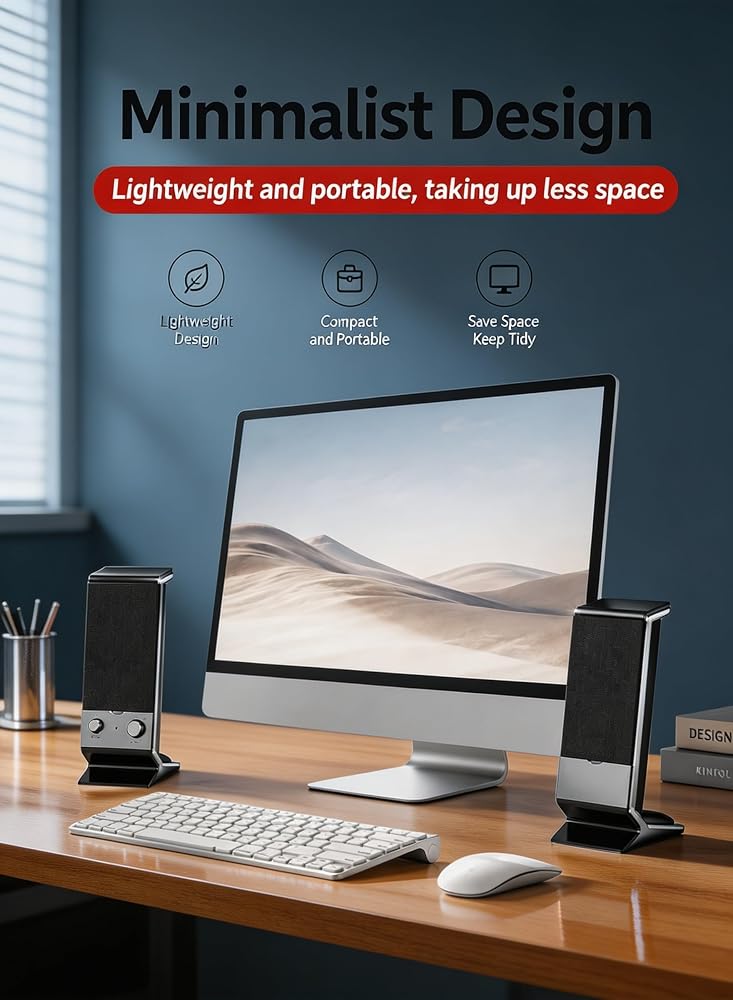LOOPITYS Computer Speakers, USB Powered Desktop Stereo Speakers with 3.5mm Audio Plug, Volume Control, 6W Surround Sound Compact Laptop Speakers for PC, Monitor, Tablet, Cellphone - Image 3