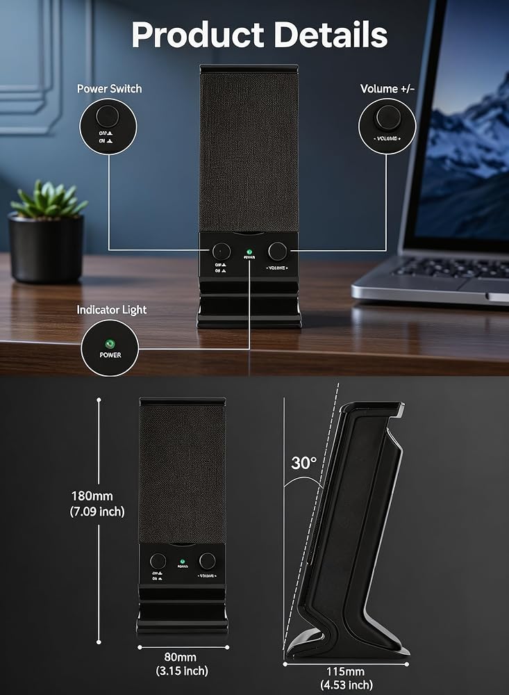 LOOPITYS Computer Speakers, USB Powered Desktop Stereo Speakers with 3.5mm Audio Plug, Volume Control, 6W Surround Sound Compact Laptop Speakers for PC, Monitor, Tablet, Cellphone - Image 4