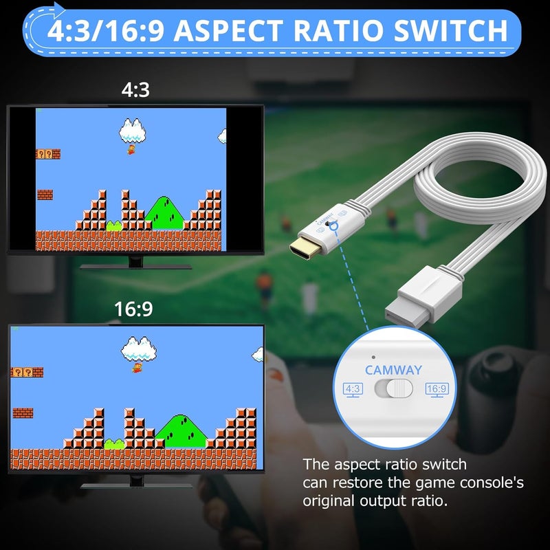 CAMWAY محول Wii إلى HDMI - مفتاح نسبة العرض 4:3/16:9 محول Wii إلى HDMI، كابل محول HDMI Wii بدقة 1080P بطول 5 أقدام لوحدة Wii، Wii U، تلفاز عالي الدقة الكامل، شاشة، يدعم جميع أوضاع عرض Wii، توصيل وتشغيل - Image 4