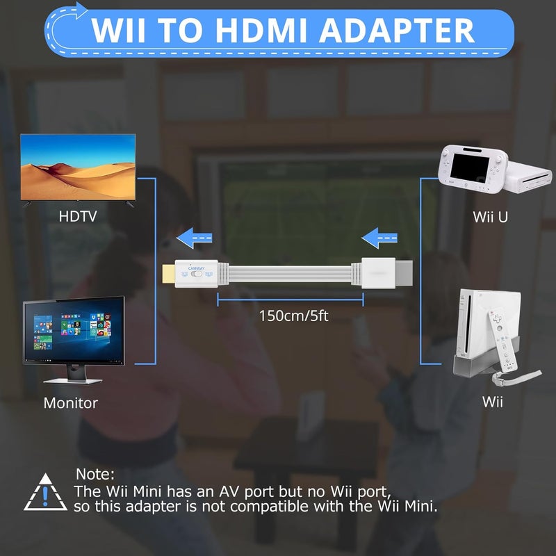 CAMWAY محول Wii إلى HDMI - مفتاح نسبة العرض 4:3/16:9 محول Wii إلى HDMI، كابل محول HDMI Wii بدقة 1080P بطول 5 أقدام لوحدة Wii، Wii U، تلفاز عالي الدقة الكامل، شاشة، يدعم جميع أوضاع عرض Wii، توصيل وتشغيل - Image 3