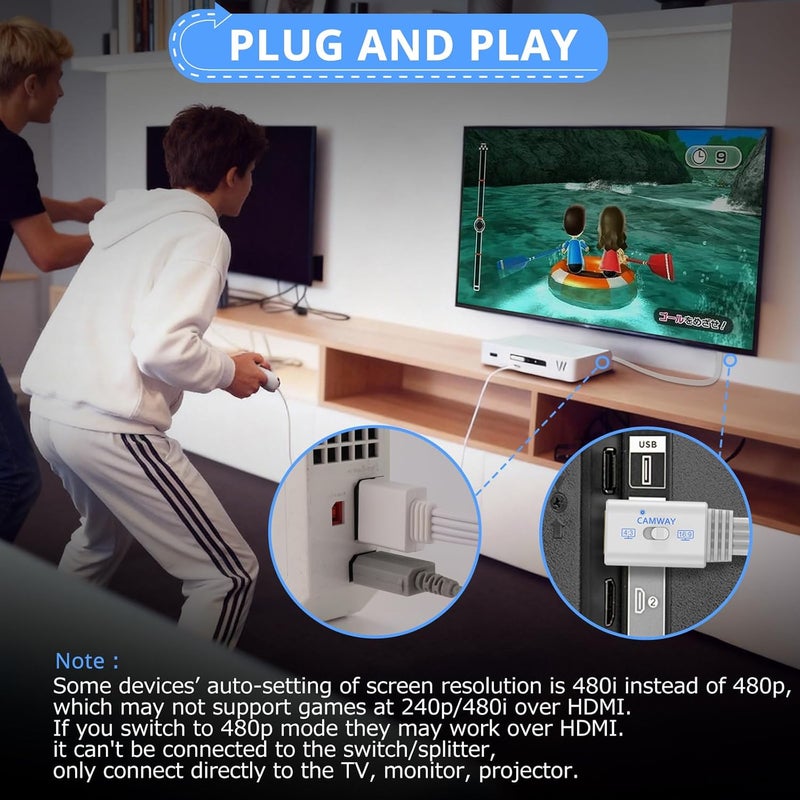 CAMWAY محول Wii إلى HDMI - مفتاح نسبة العرض 4:3/16:9 محول Wii إلى HDMI، كابل محول HDMI Wii بدقة 1080P بطول 5 أقدام لوحدة Wii، Wii U، تلفاز عالي الدقة الكامل، شاشة، يدعم جميع أوضاع عرض Wii، توصيل وتشغيل - Image 5