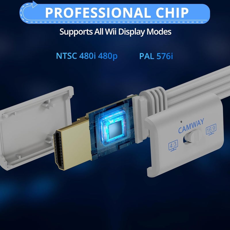 CAMWAY محول Wii إلى HDMI - مفتاح نسبة العرض 4:3/16:9 محول Wii إلى HDMI، كابل محول HDMI Wii بدقة 1080P بطول 5 أقدام لوحدة Wii، Wii U، تلفاز عالي الدقة الكامل، شاشة، يدعم جميع أوضاع عرض Wii، توصيل وتشغيل - Image 2