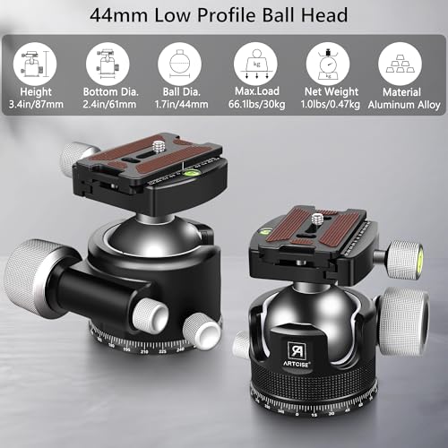 ARTCISE Low Profile Ball Head Tripod Ball Head ARTCISE KB44 Heavy Duty Tripod Head All Metal CNC Machining with Three 14 Quick Release Plates for Tripod Monopod DSLR Camcorder Max Load 66lbs 30kg - Image 3