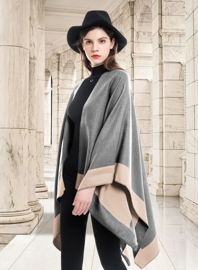 YnimioAOX Women's Shawl Wrap Poncho Sweater Open Front Cape for Fall Winter (One Size, Border-Gray Khaki), Border-gray Khaki, One size - Image 3