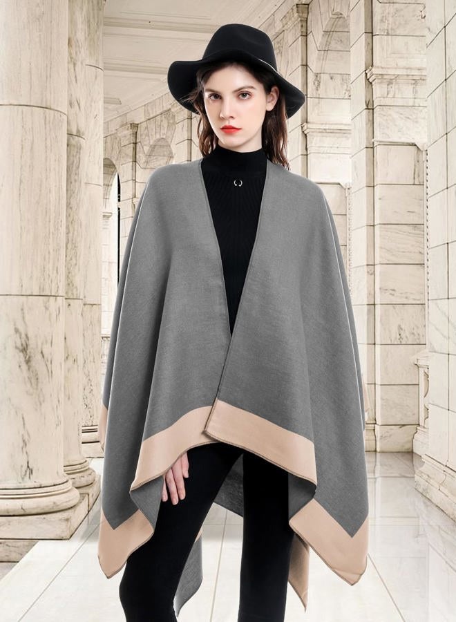 YnimioAOX Women's Shawl Wrap Poncho Sweater Open Front Cape for Fall Winter (One Size, Border-Gray Khaki), Border-gray Khaki, One size - Image 2