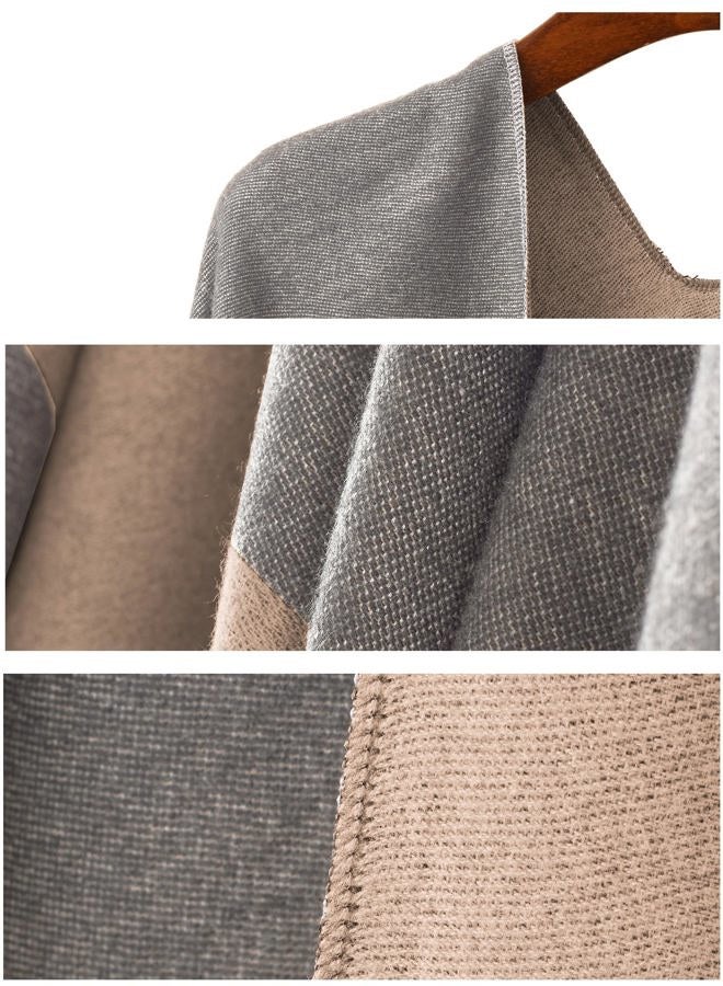 YnimioAOX Women's Shawl Wrap Poncho Sweater Open Front Cape for Fall Winter (One Size, Border-Gray Khaki), Border-gray Khaki, One size - Image 5