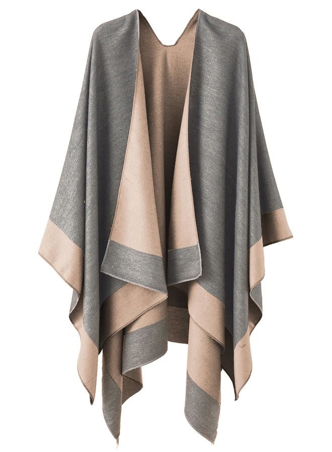 YnimioAOX Women's Shawl Wrap Poncho Sweater Open Front Cape for Fall Winter (One Size, Border-Gray Khaki), Border-gray Khaki, One size - Image 1