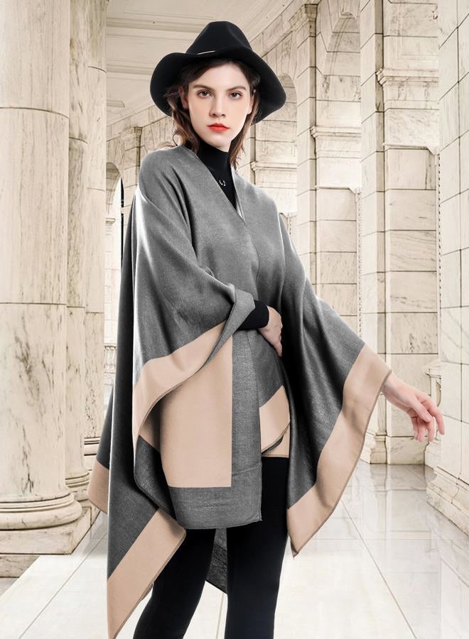 YnimioAOX Women's Shawl Wrap Poncho Sweater Open Front Cape for Fall Winter (One Size, Border-Gray Khaki), Border-gray Khaki, One size - Image 4